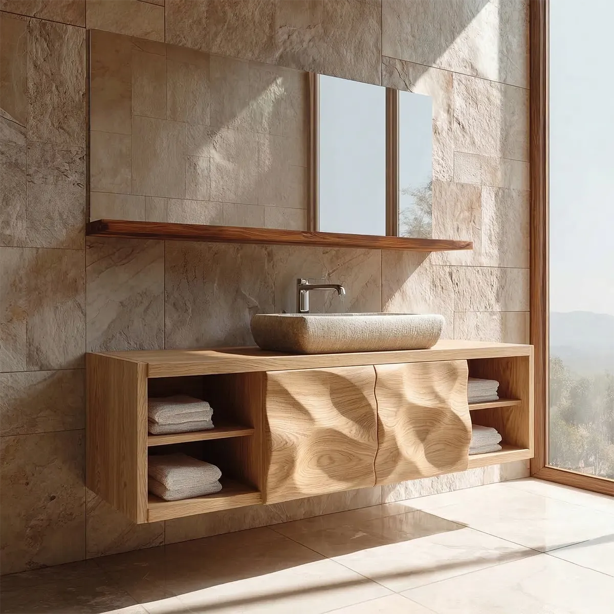 Traditional Natural Solid Wood Bathroom Vanity Cabinet with Hand Carved Doors - Rustiracraft 