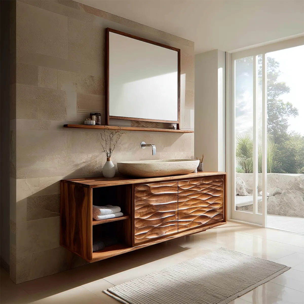 Traditional Solid Wood Bathroom Vanity Cabinet with Hand Carved Wood Doors - Rustiracraft 