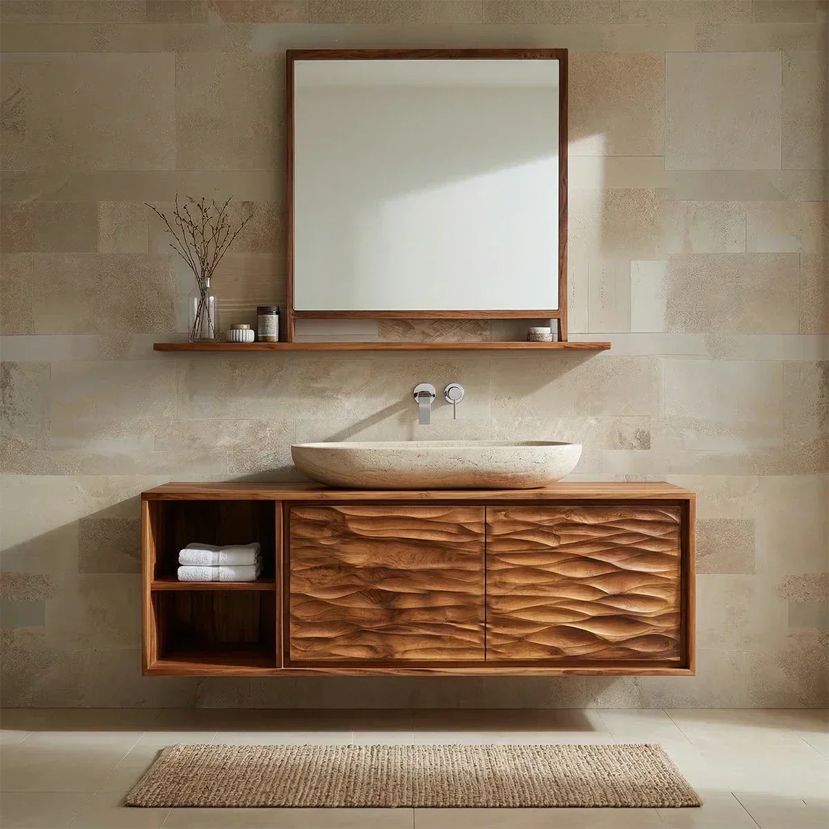 Traditional Solid Wood Bathroom Vanity Cabinet with Hand Carved Wood Doors - Rustiracraft 