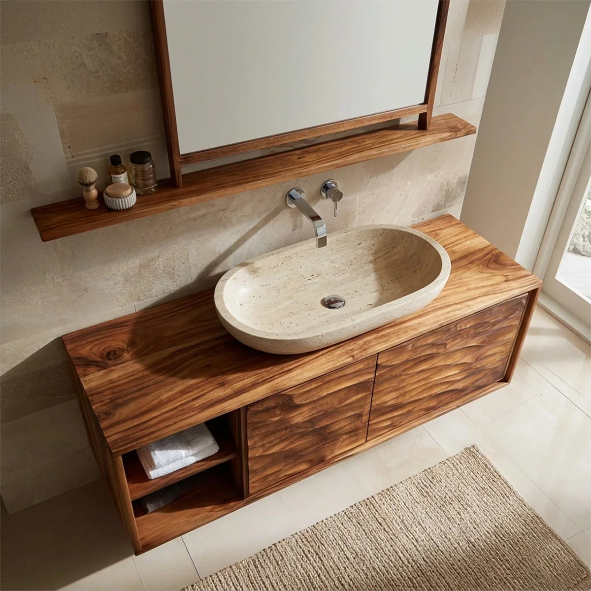 Traditional Solid Wood Bathroom Vanity Cabinet with Hand Carved Wood Doors - Rustiracraft 