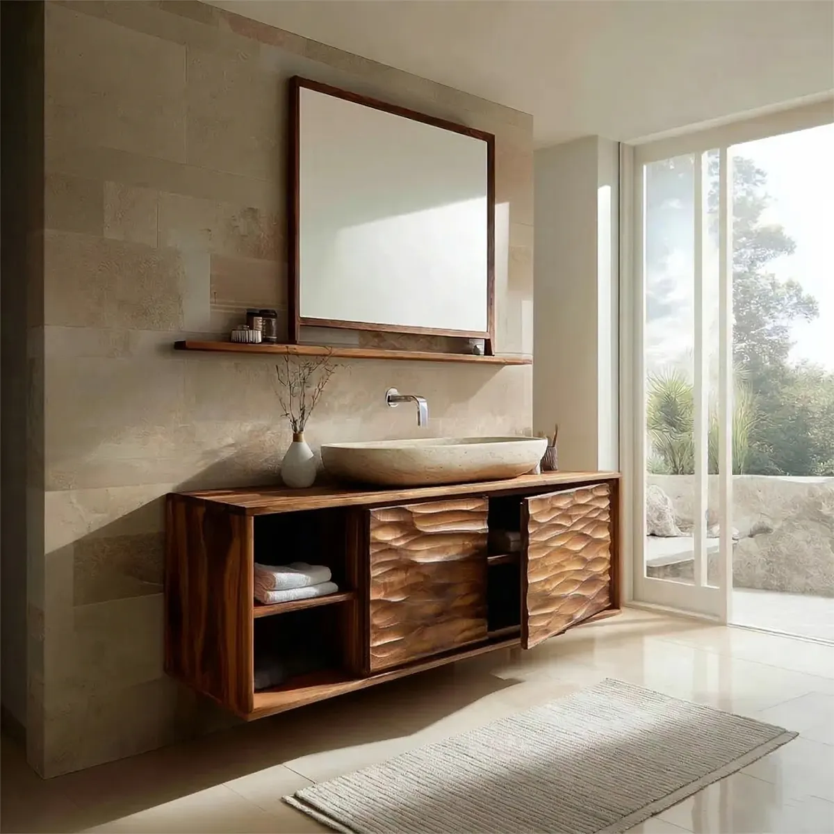 Traditional Solid Wood Bathroom Vanity Cabinet with Hand Carved Wood Doors - Rustiracraft 