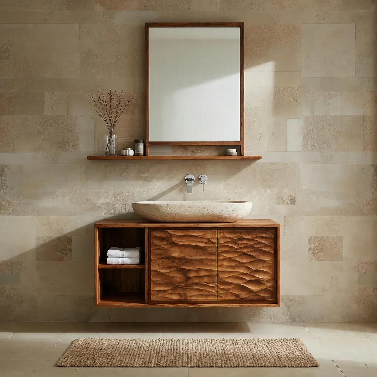 Traditional Solid Wood Bathroom Vanity Cabinet with Hand Carved Wood Doors - Rustiracraft