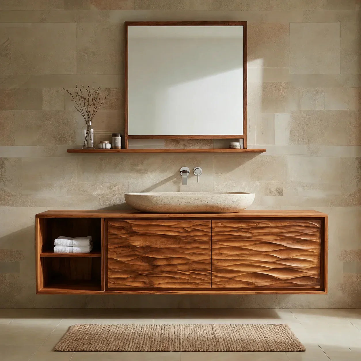 Traditional Solid Wood Bathroom Vanity Cabinet with Hand Carved Wood Doors - Rustiracraft