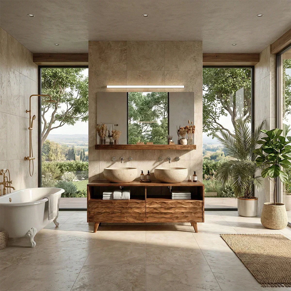 Traditional Solid Wood Bathroom Vanity – Hand Carved Natural Wood Storage Cabinet - Rustiracraft 