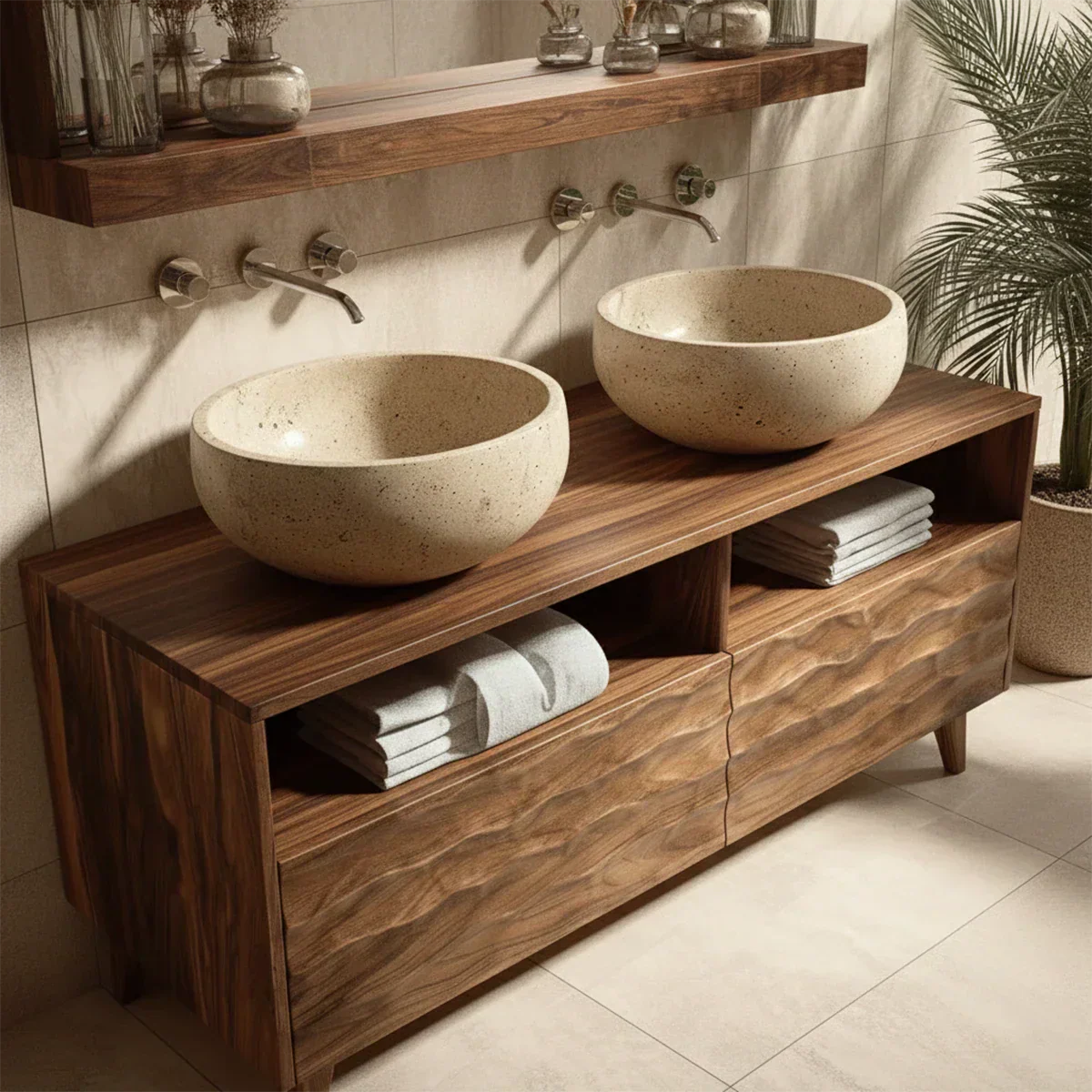 Traditional Solid Wood Bathroom Vanity – Hand Carved Natural Wood Storage Cabinet - Rustiracraft 