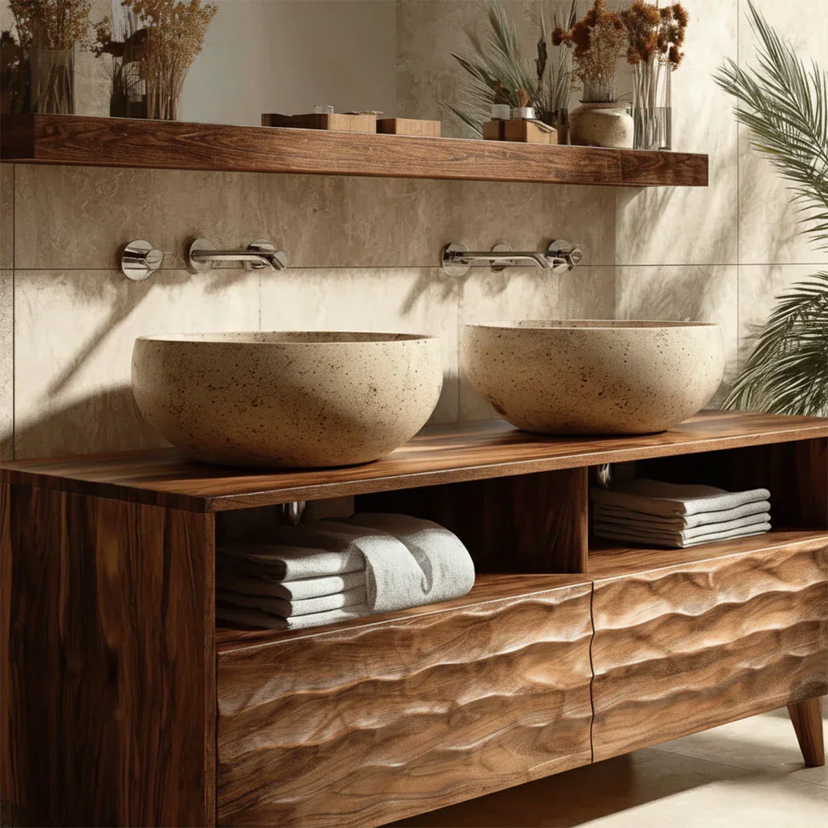 Traditional Solid Wood Bathroom Vanity – Hand Carved Natural Wood Storage Cabinet - Rustiracraft 