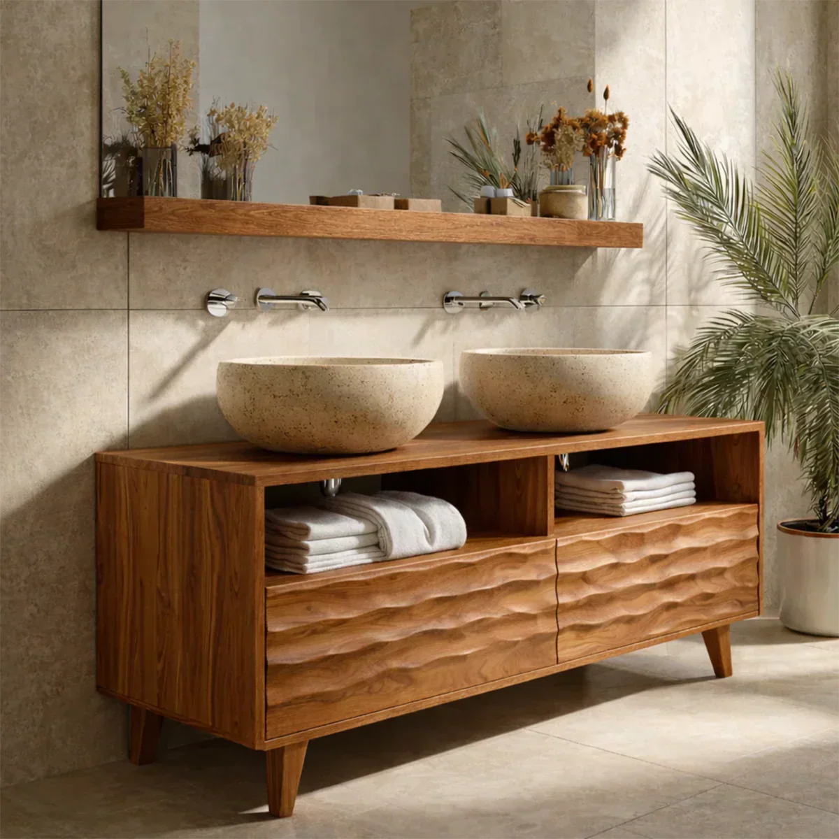 Traditional Solid Wood Bathroom Vanity – Hand Carved Natural Wood Storage Cabinet - Rustiracraft 