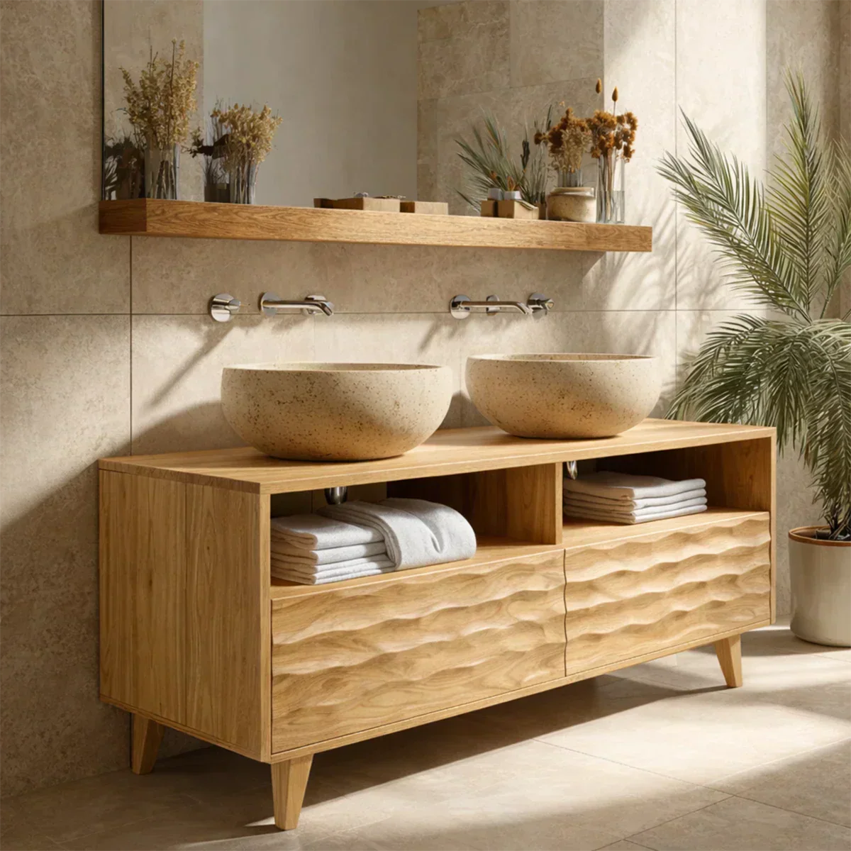 Traditional Solid Wood Bathroom Vanity – Hand Carved Natural Wood Storage Cabinet - Rustiracraft 