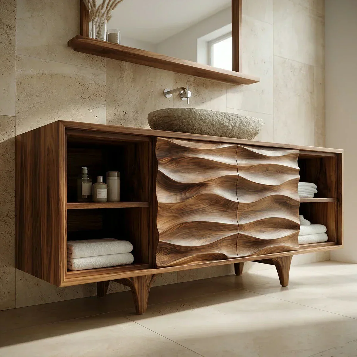 Traditional Solid Wood Bathroom Vanity – Hand Carved Natural Wood Storage Cabinet - Rustiracraft 