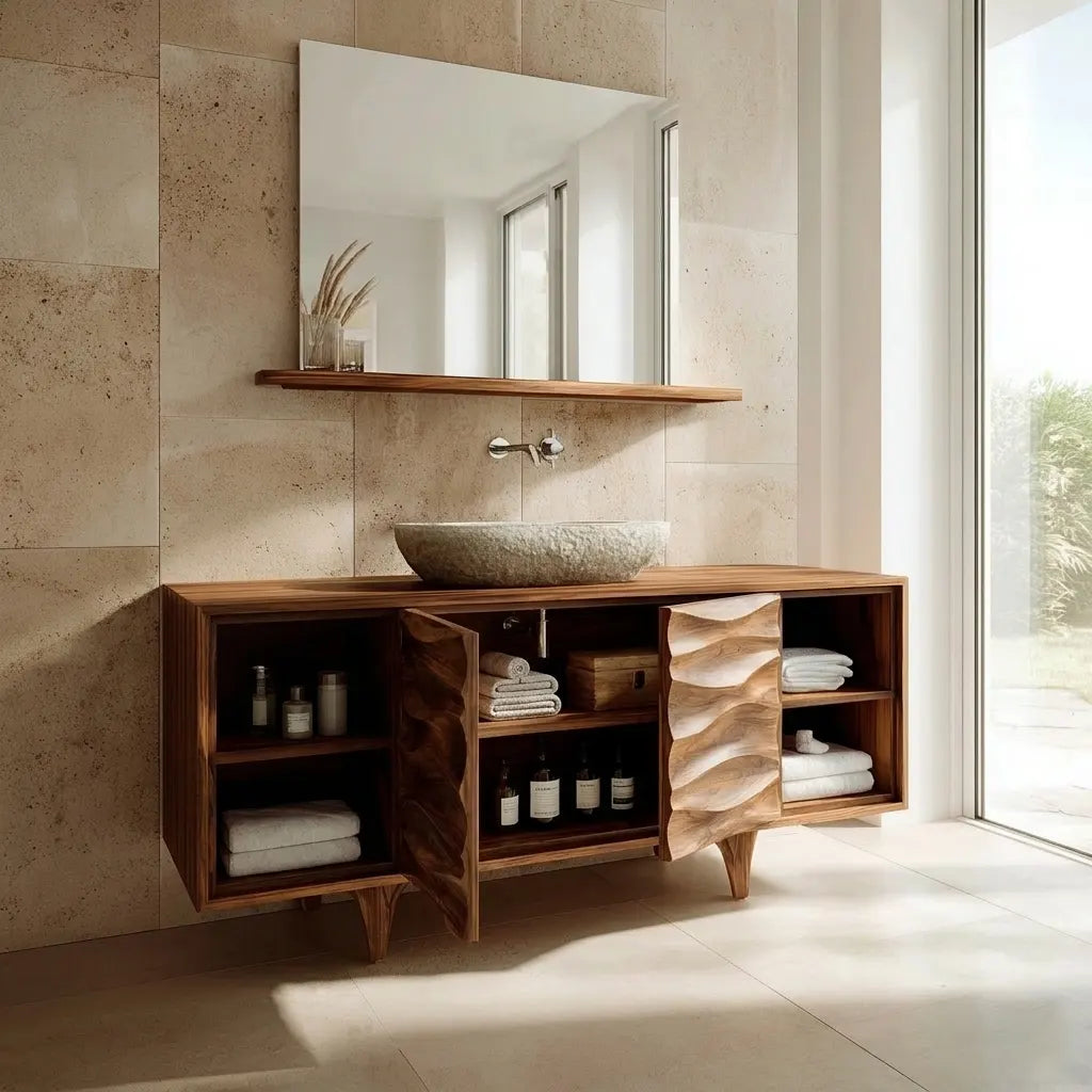 Traditional Solid Wood Bathroom Vanity – Hand Carved Natural Wood Storage Cabinet - Rustiracraft 