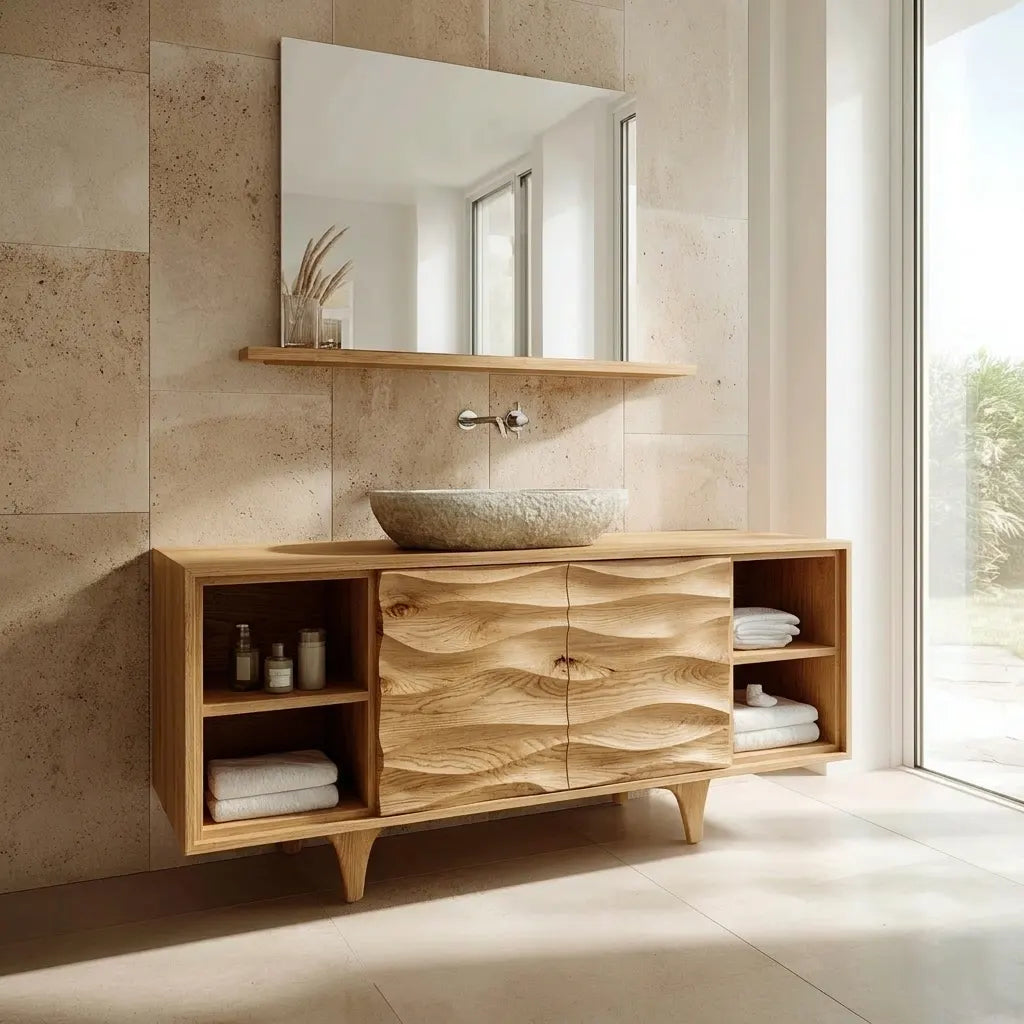 Traditional Solid Wood Bathroom Vanity – Hand Carved Natural Wood Storage Cabinet - Rustiracraft 