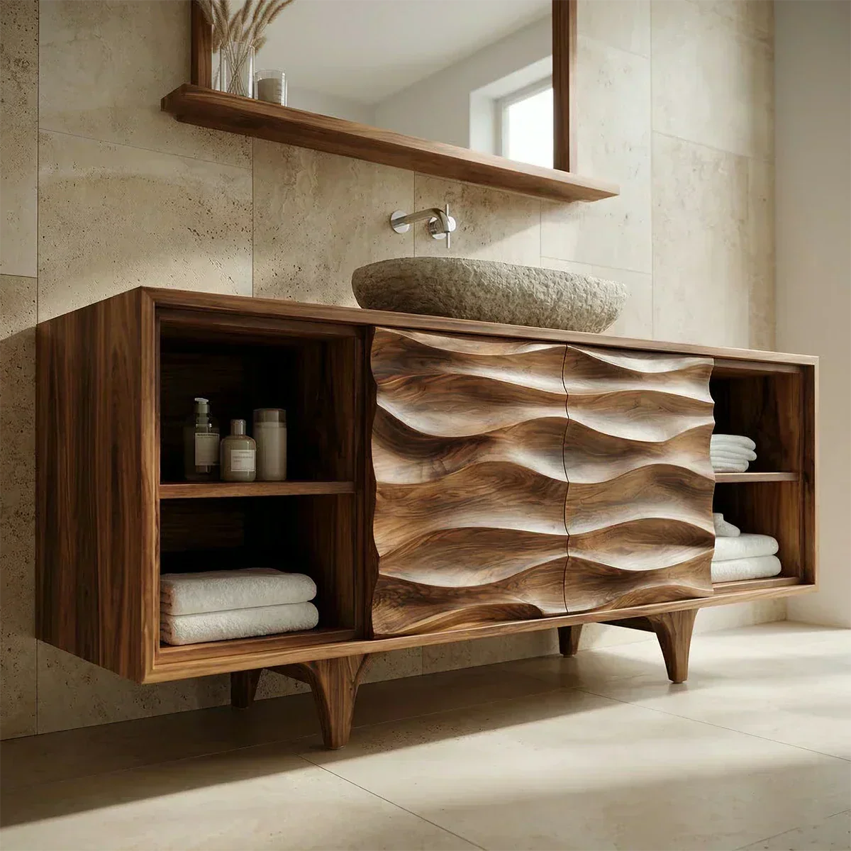 Traditional Solid Wood Bathroom Vanity – Hand Carved Natural Wood Storage Cabinet - Rustiracraft