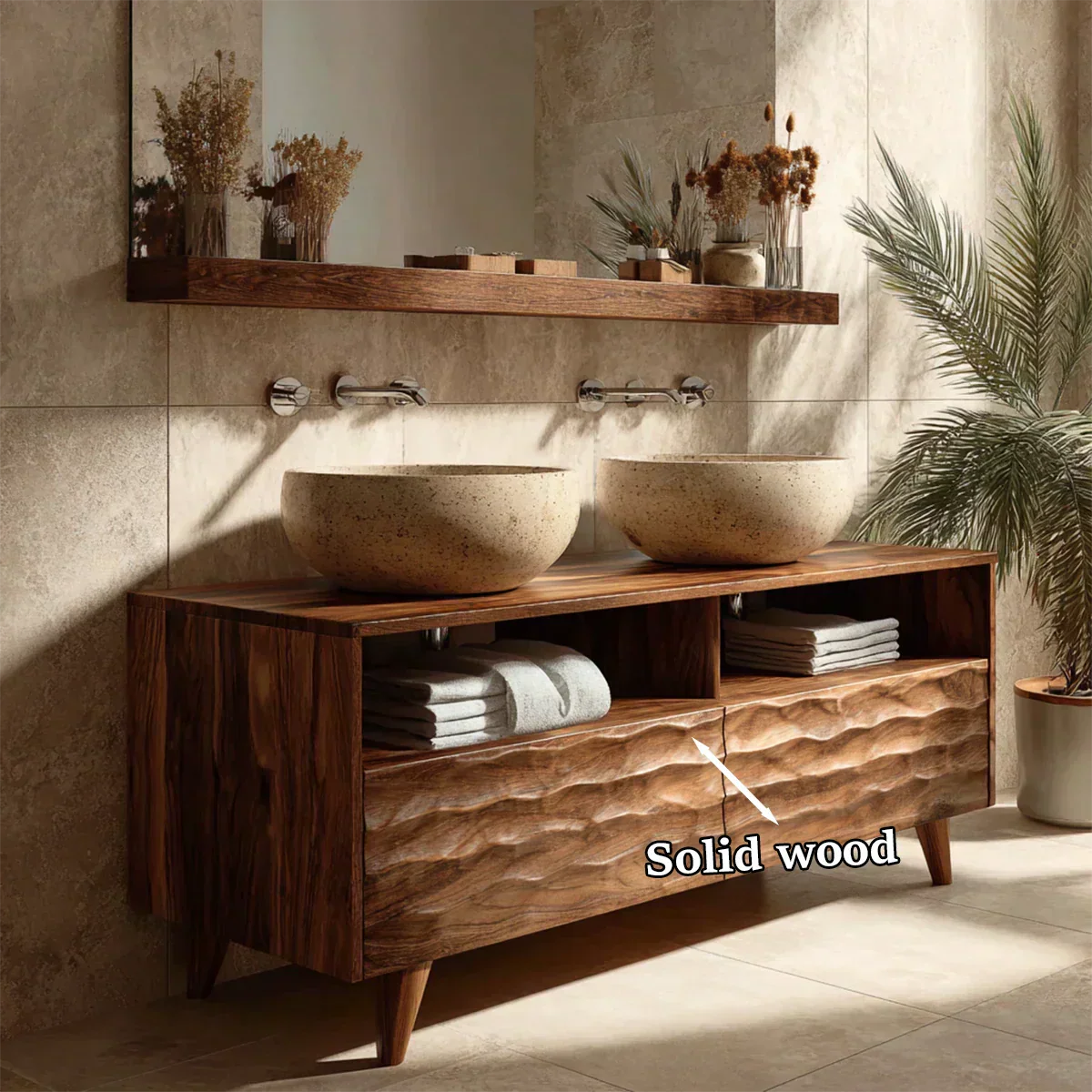 Traditional Solid Wood Bathroom Vanity – Hand Carved Natural Wood Storage Cabinet - Rustiracraft