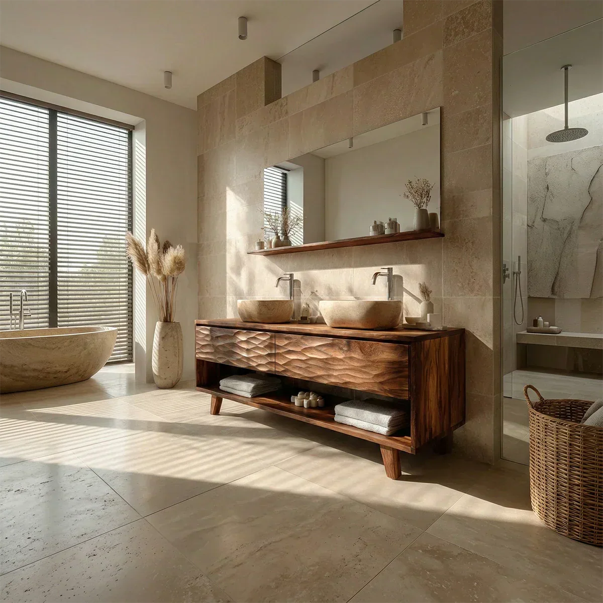 Traditional Solid Wood Bathroom Vanity – Hand Carved Natural Wood Vanity Cabinet - Rustiracraft 