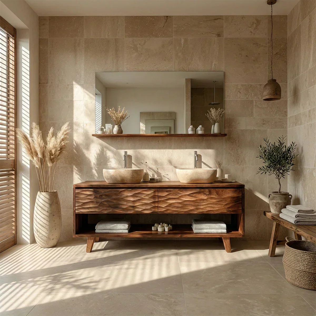 Traditional Solid Wood Bathroom Vanity – Hand Carved Natural Wood Vanity Cabinet - Rustiracraft 
