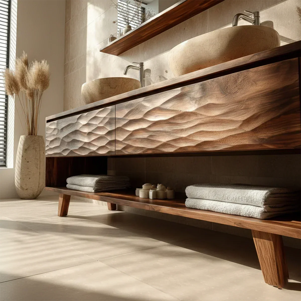 Traditional Solid Wood Bathroom Vanity – Hand Carved Natural Wood Vanity Cabinet - Rustiracraft 