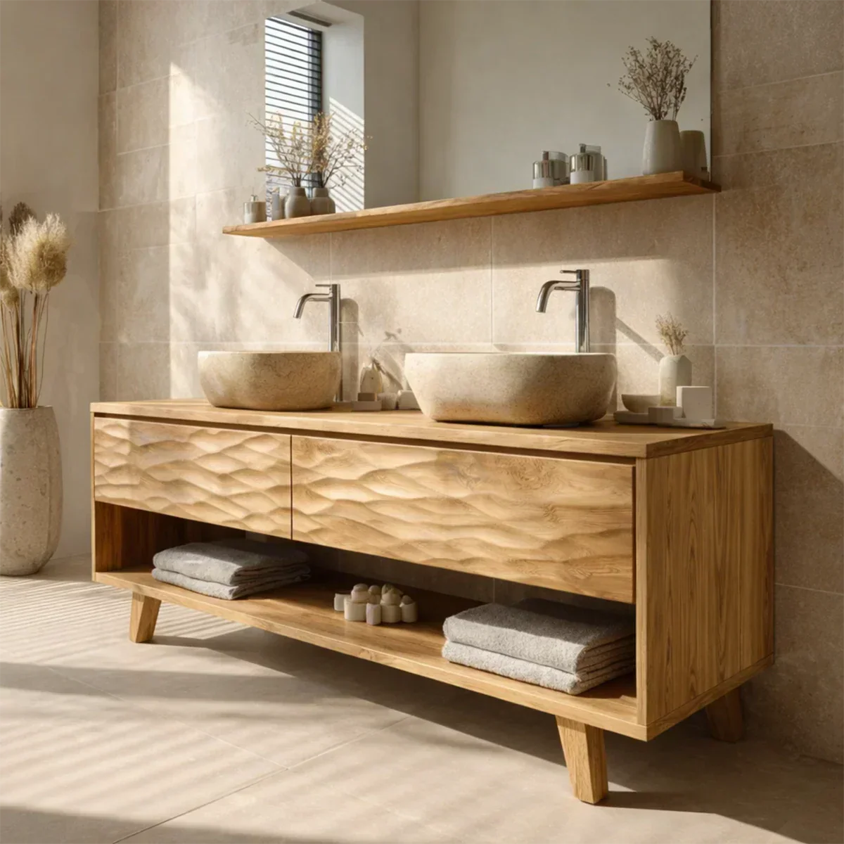 Traditional Solid Wood Bathroom Vanity – Hand Carved Natural Wood Vanity Cabinet - Rustiracraft 