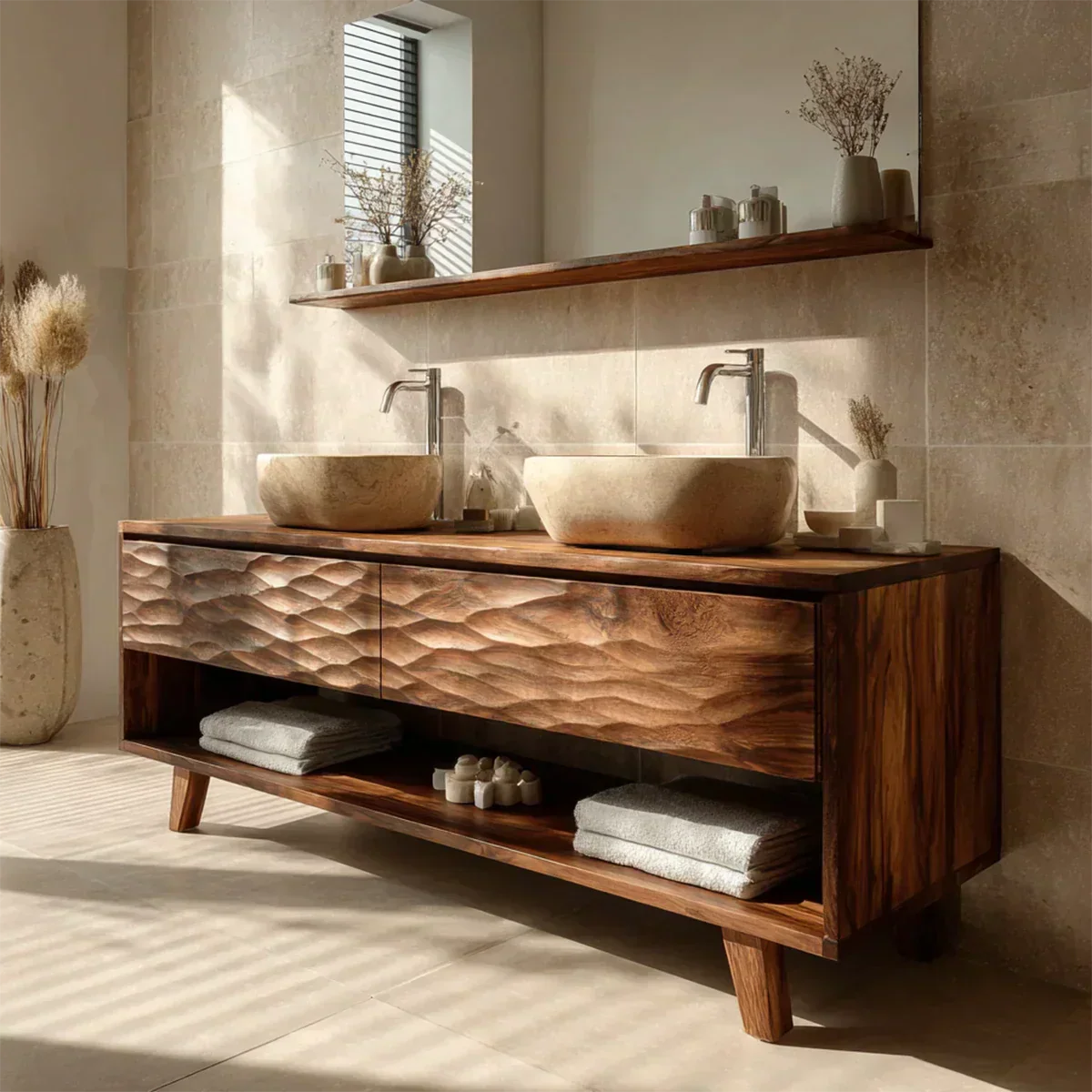 Traditional Solid Wood Bathroom Vanity – Hand Carved Natural Wood Vanity Cabinet - Rustiracraft