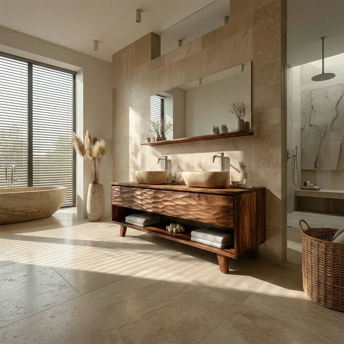 Traditional Solid Wood Bathroom Vanity – Hand Carved Natural Wood Vanity Cabinet - Rustiracraft