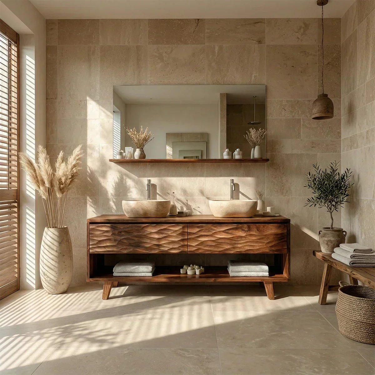 Traditional Solid Wood Bathroom Vanity – Hand Carved Natural Wood Vanity Cabinet - Rustiracraft