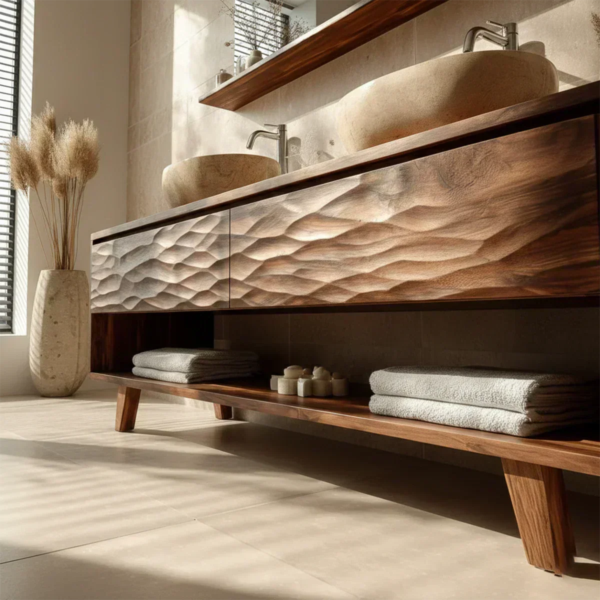 Traditional Solid Wood Bathroom Vanity – Hand Carved Natural Wood Vanity Cabinet - Rustiracraft
