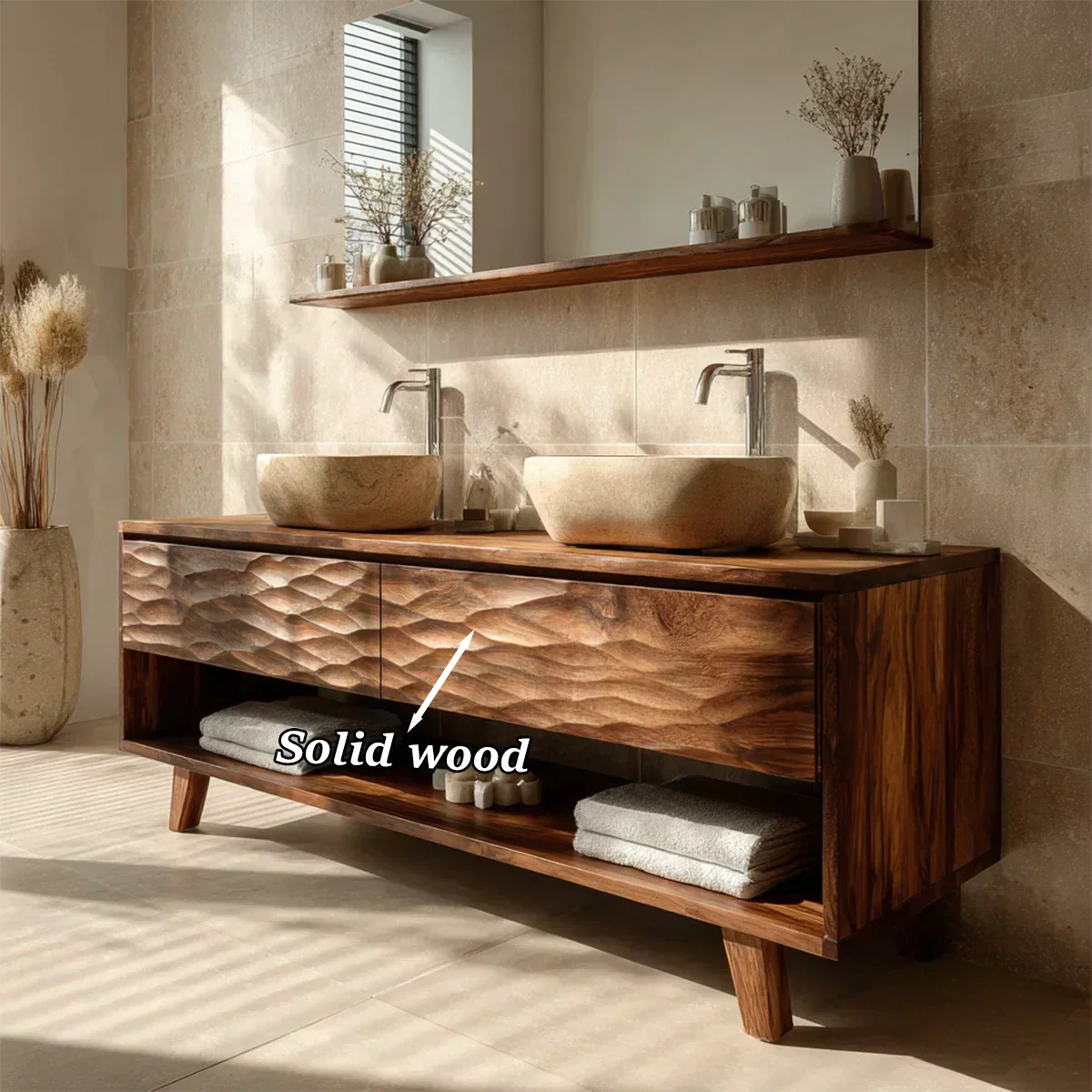 Traditional Solid Wood Bathroom Vanity – Hand Carved Natural Wood Vanity Cabinet - Rustiracraft