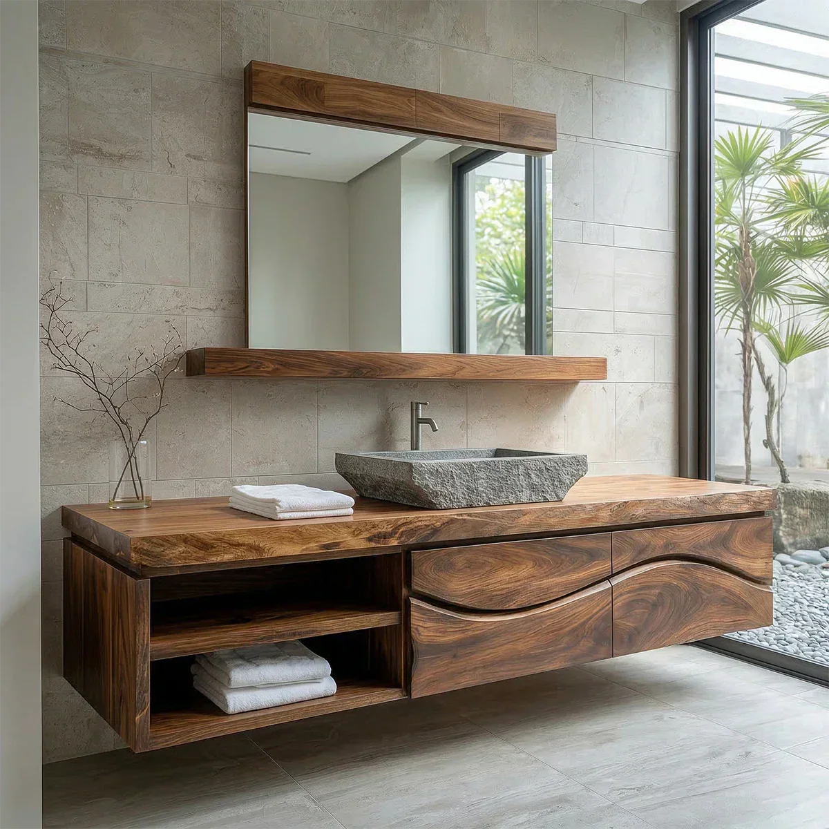 Traditional Solid Wood Bathroom Vanity – Handcrafted Natural Wood Storage Cabinet - Rustiracraft 