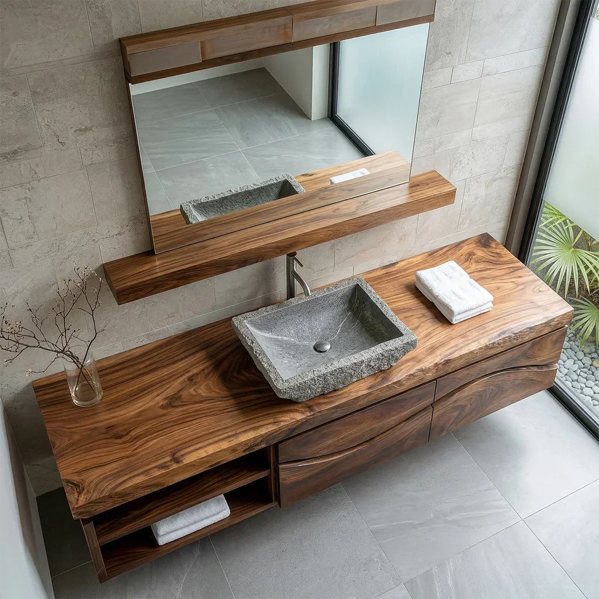 Traditional Solid Wood Bathroom Vanity – Handcrafted Natural Wood Storage Cabinet - Rustiracraft 
