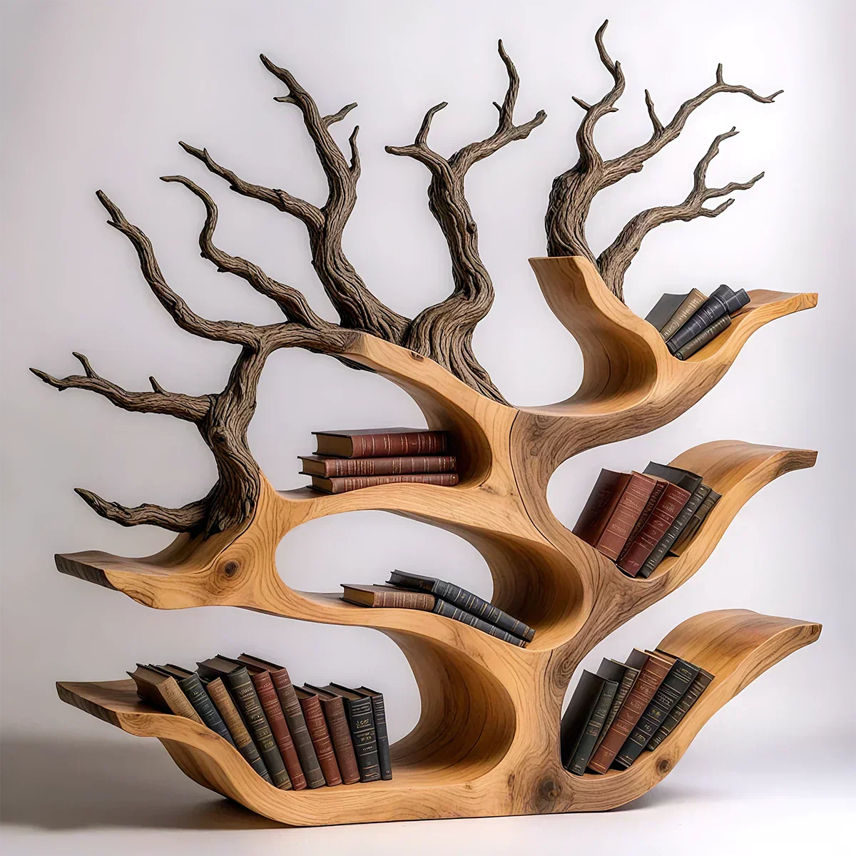 Tree-Shaped Natural Solid Wood Bookshelf – Sculptural Design - Rustiracraft