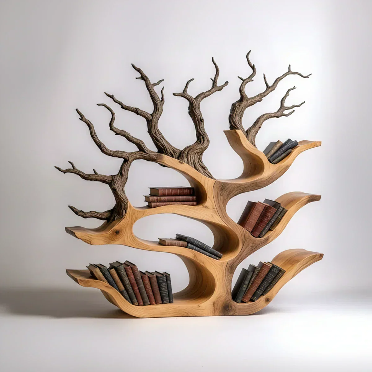 Tree-Shaped Natural Solid Wood Bookshelf – Sculptural Design - Rustiracraft