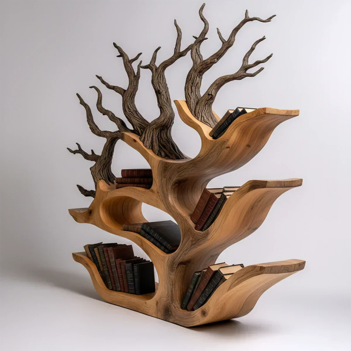 Tree-Shaped Natural Solid Wood Bookshelf – Sculptural Design - Rustiracraft