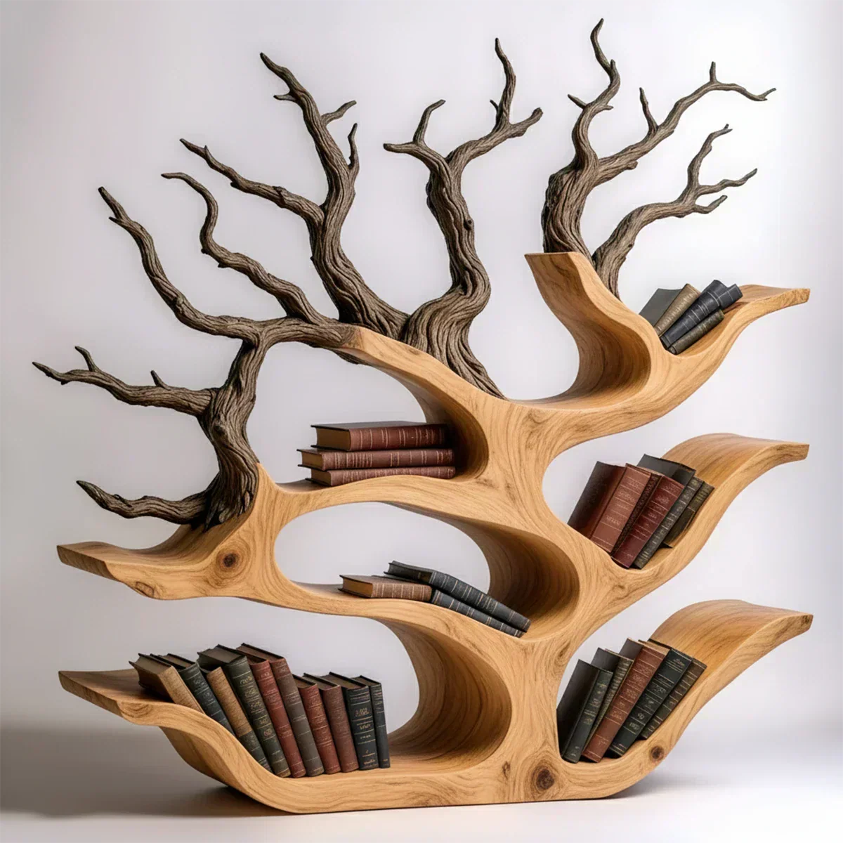 Tree-Shaped Natural Solid Wood Bookshelf – Sculptural Design - Rustiracraft