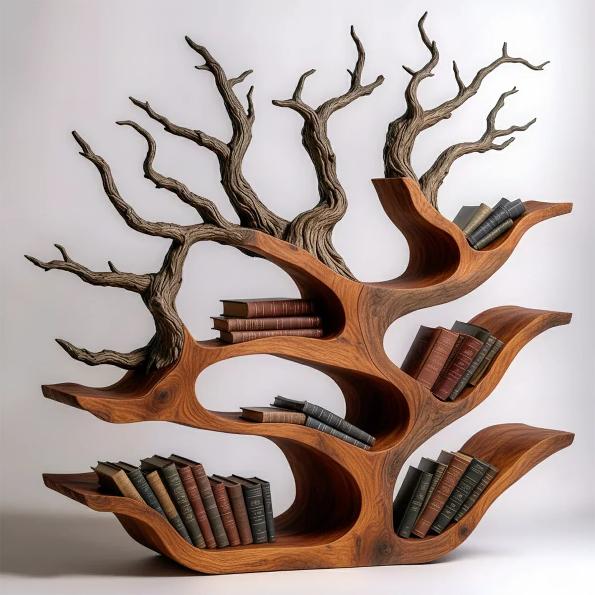 Tree-Shaped Natural Solid Wood Bookshelf – Sculptural Design - Rustiracraft