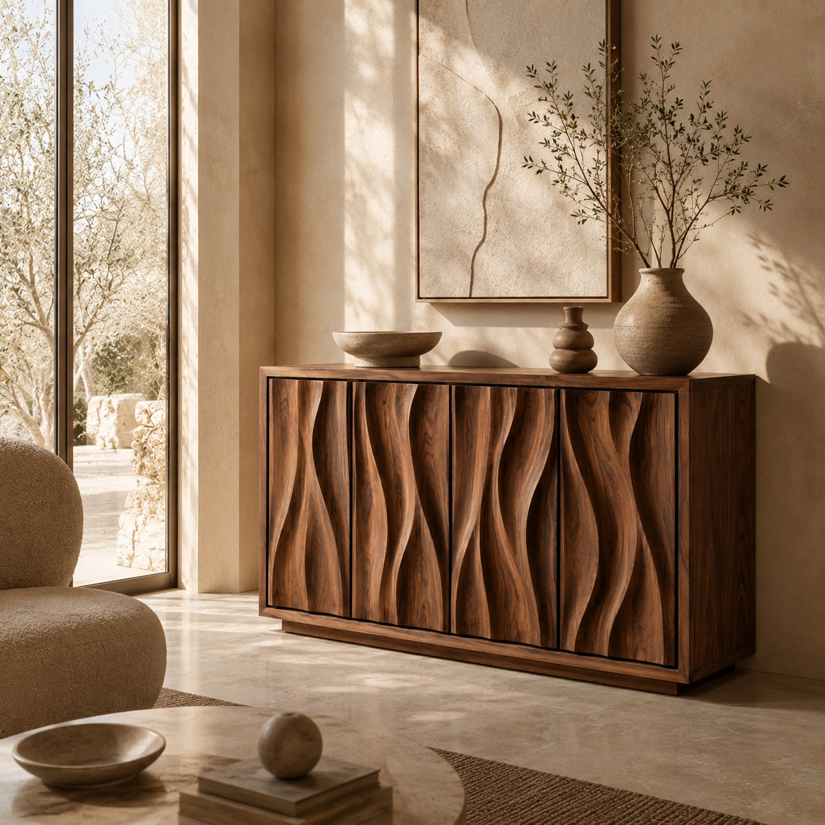 Wave-Carved Sideboard with Four Cabinet Doors in Natural Solid Wood - Rustiracraft