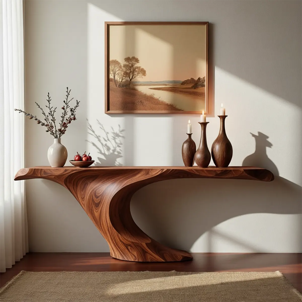 Wave Curve Walnut Console Table – Organic Sculptural Form - Rustiracraft 