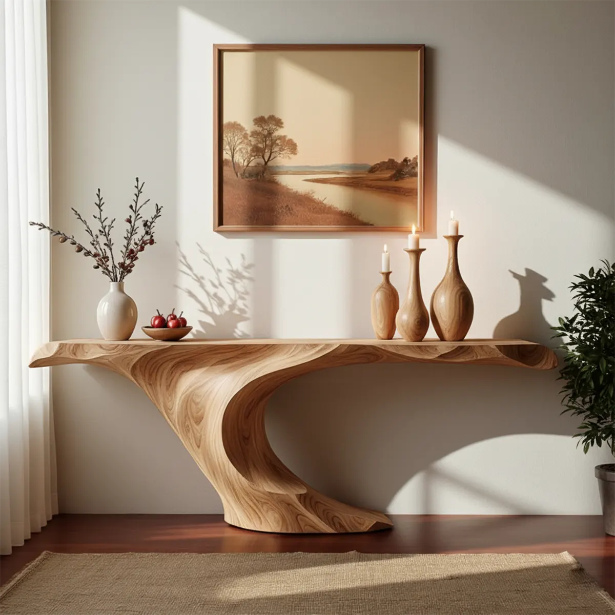 Wave Curve Walnut Console Table – Organic Sculptural Form - Rustiracraft 