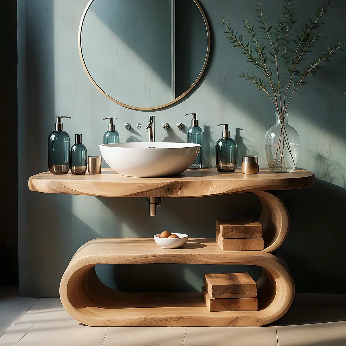 WaveArc Vanity – Solid Wood Bathroom with Zen Curves - Rustiracraft 