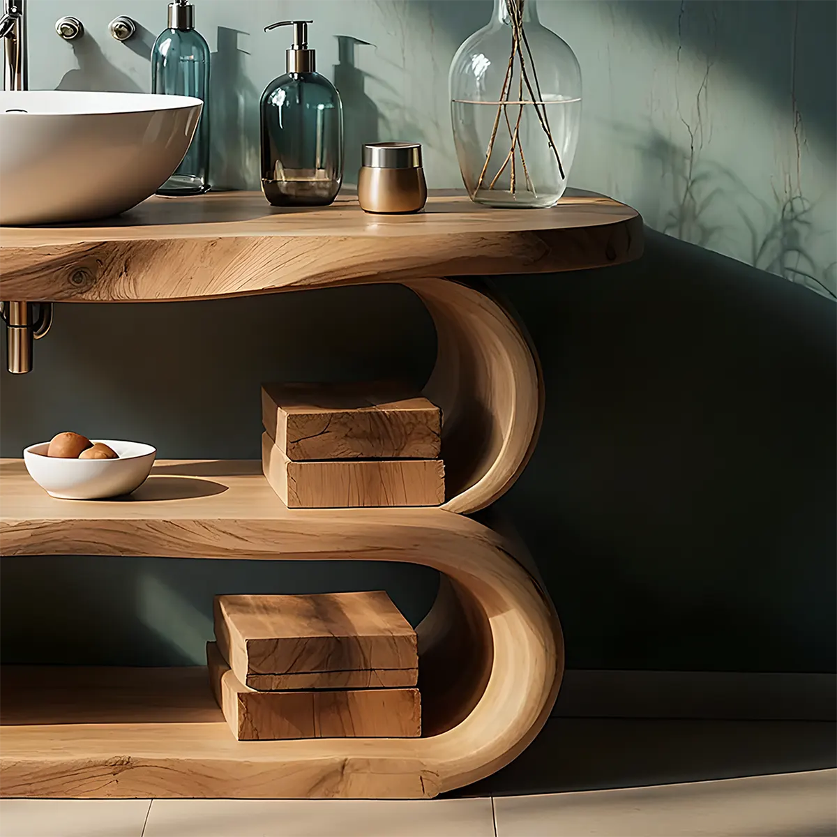 WaveArc Vanity – Solid Wood Bathroom with Zen Curves - Rustiracraft 