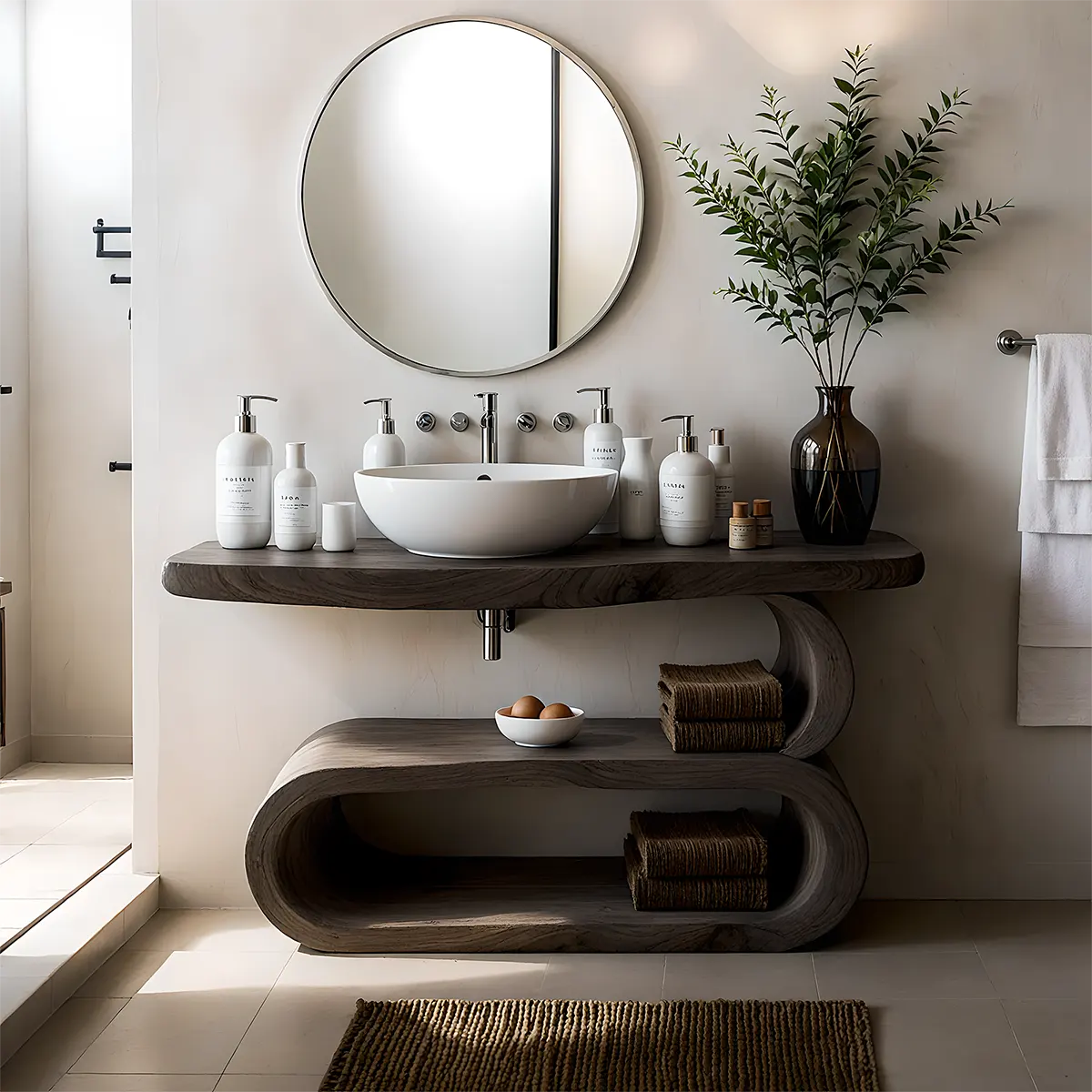 WaveArc Vanity – Solid Wood Bathroom with Zen Curves - Rustiracraft 