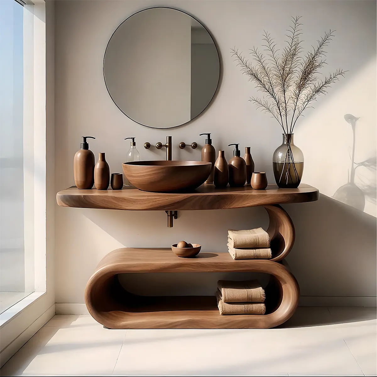 WaveArc Vanity – Solid Wood Bathroom with Zen Curves - Rustiracraft 