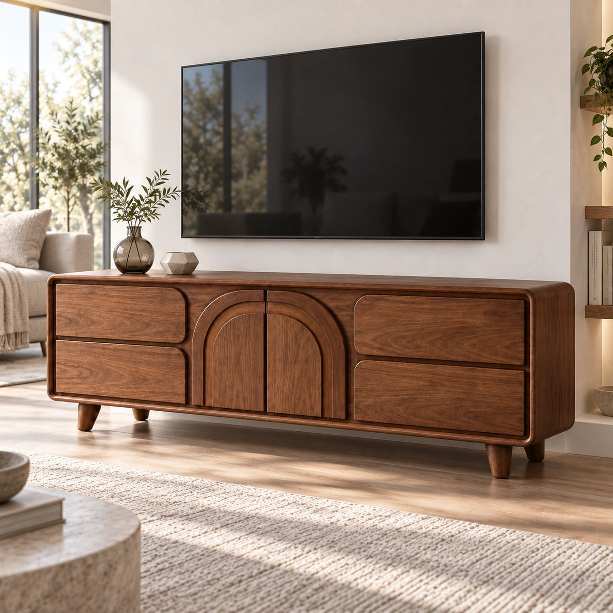 Arched Cabinet TV Stand with Sculptural Natural Solid Wood Design - Rustiracraft - 1