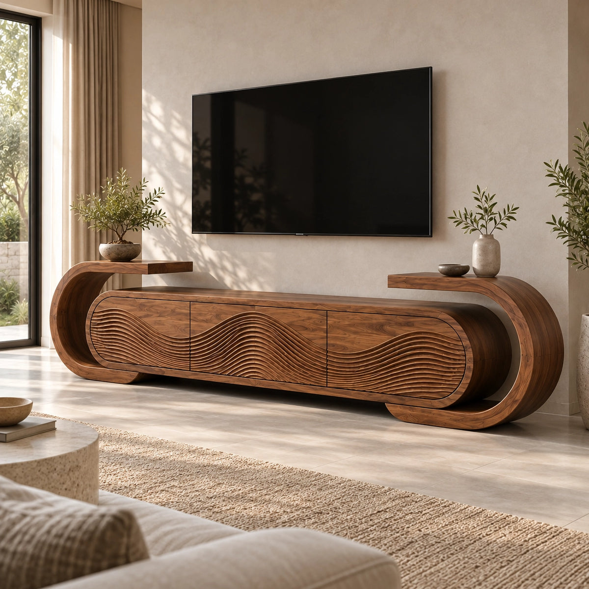Curved TV Stand with Fluted Natural Solid Wood Doors for Living Room - Rustiracraft - 4