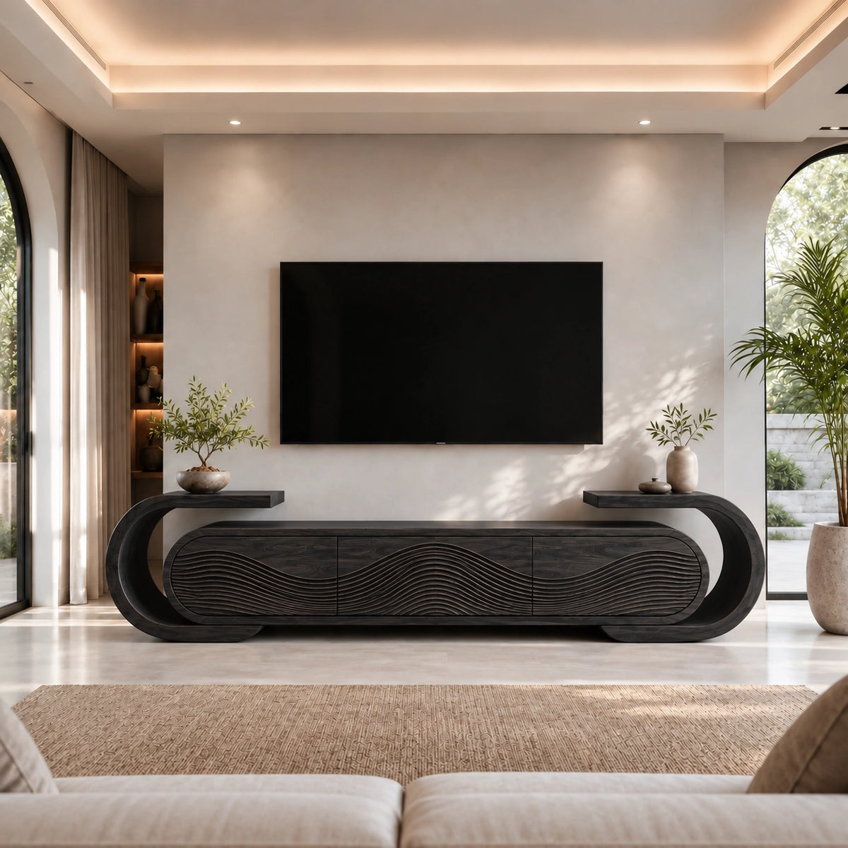 Curved TV Stand with Fluted Natural Solid Wood Doors for Living Room - Rustiracraft - 7