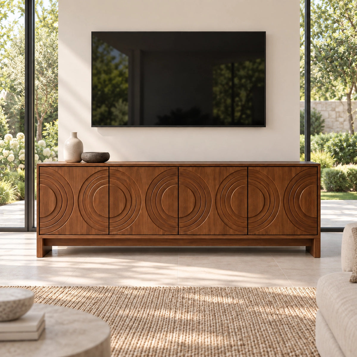 Geometric TV Stand with Concentric Circle Doors in Natural Solid Wood - Rustiracraft - 3
