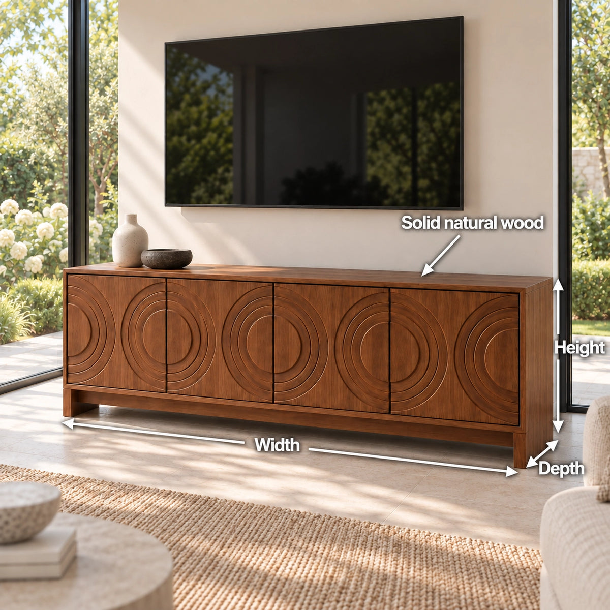 Geometric TV Stand with Concentric Circle Doors in Natural Solid Wood - Rustiracraft - 6