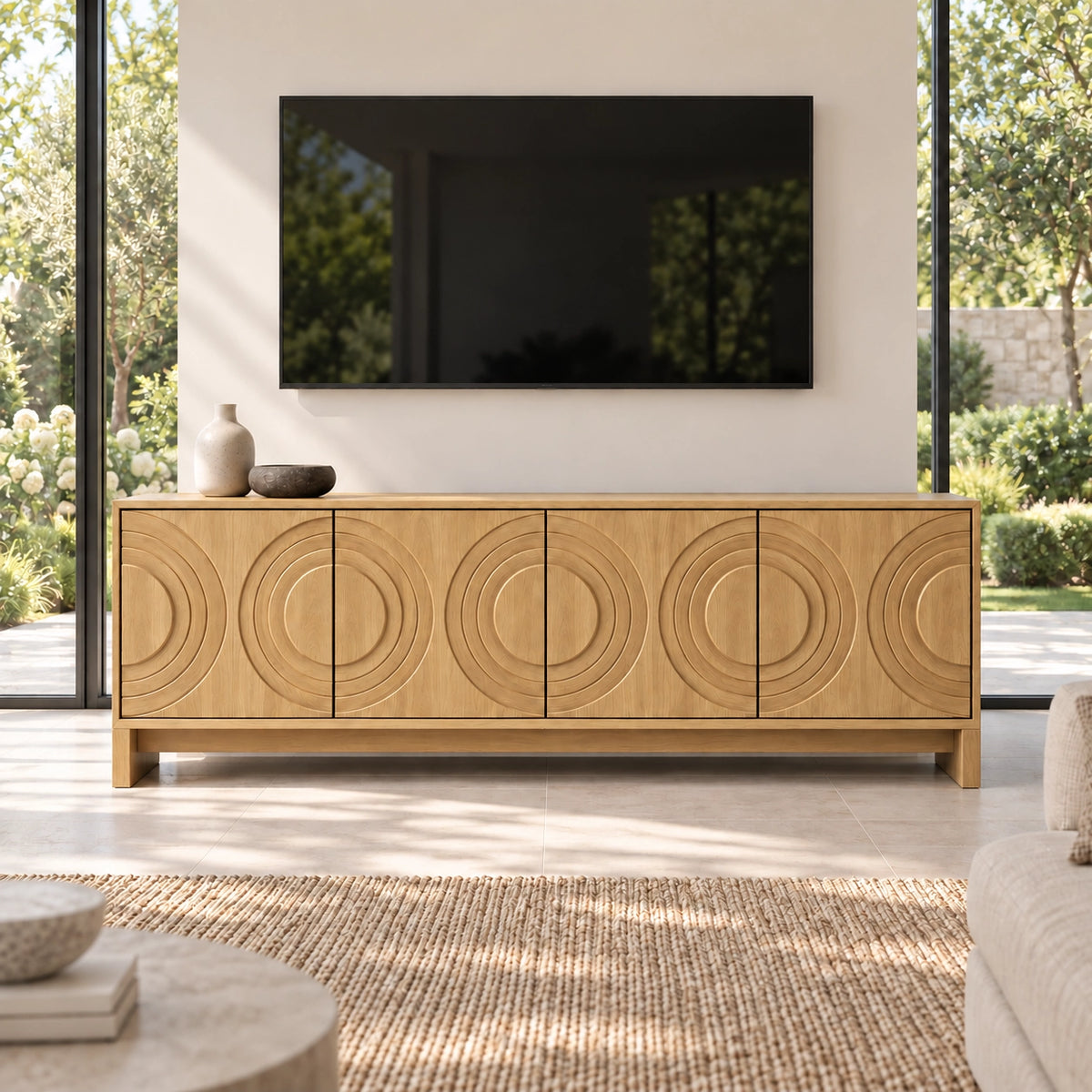 Geometric TV Stand with Concentric Circle Doors in Natural Solid Wood - Rustiracraft - 8