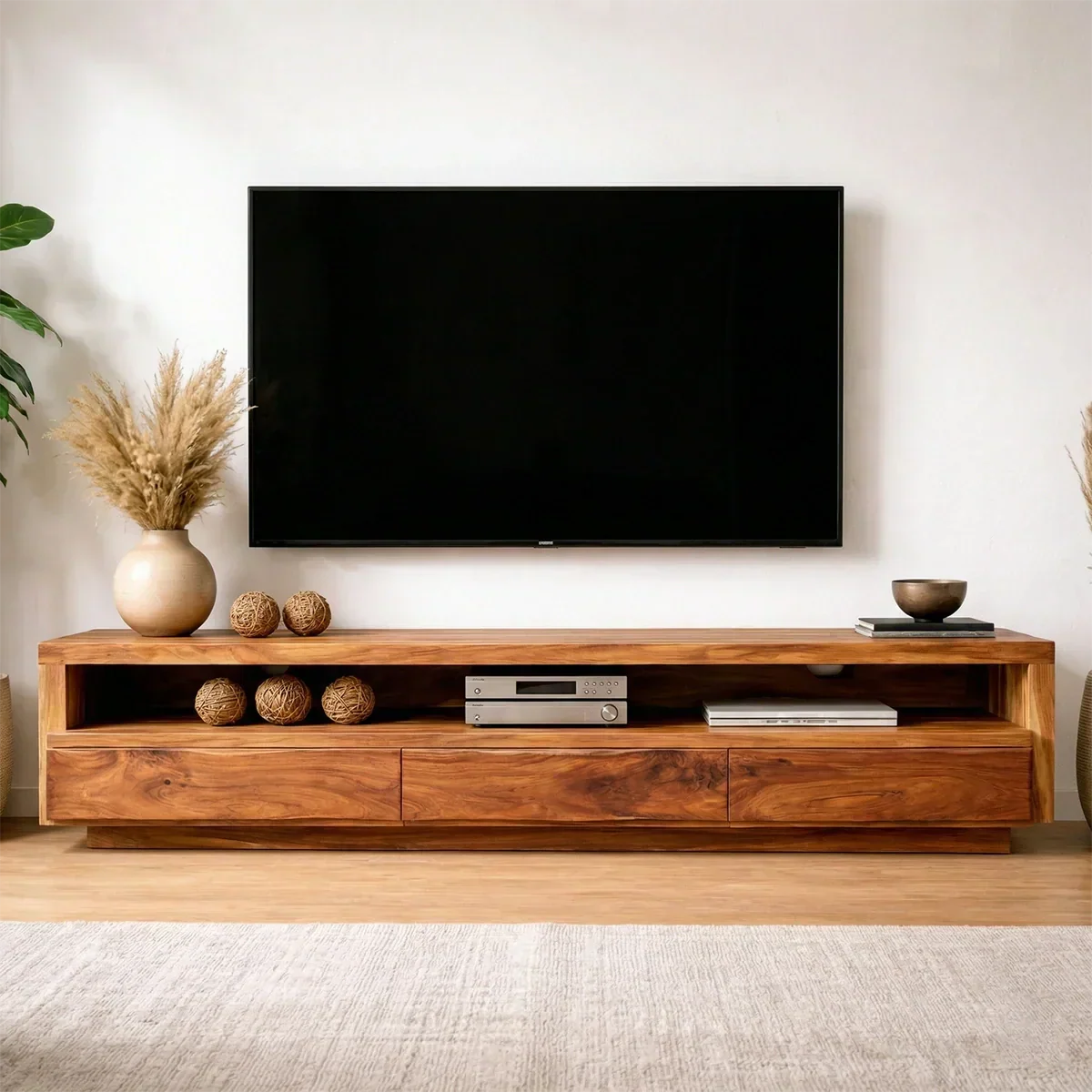 Handcrafted Solid Wood TV Stand with Full-Length Open Shelf and Hidden Drawer Storage - RustiraCraft - 2