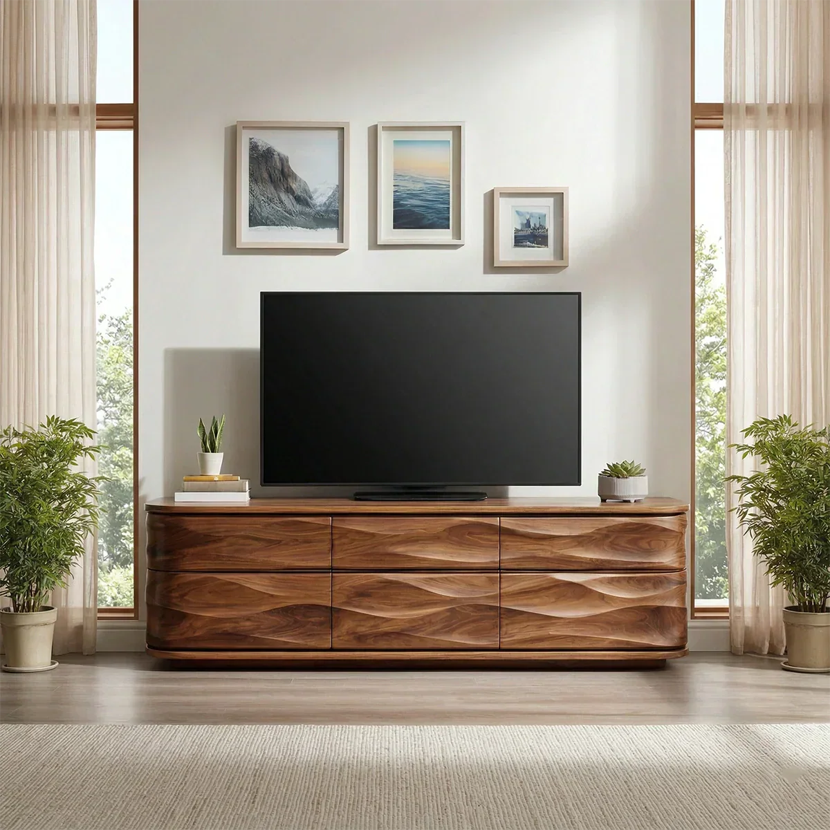 Handcrafted Solid Wood TV Stand with Sculpted Wave Drawers and Full Storage Cabinet - RustiraCraft - 2