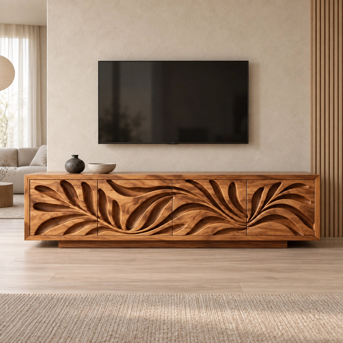 Leaf-Carved TV Stand with Four Storage Doors in Natural Solid Wood - Rustiracraft - 1