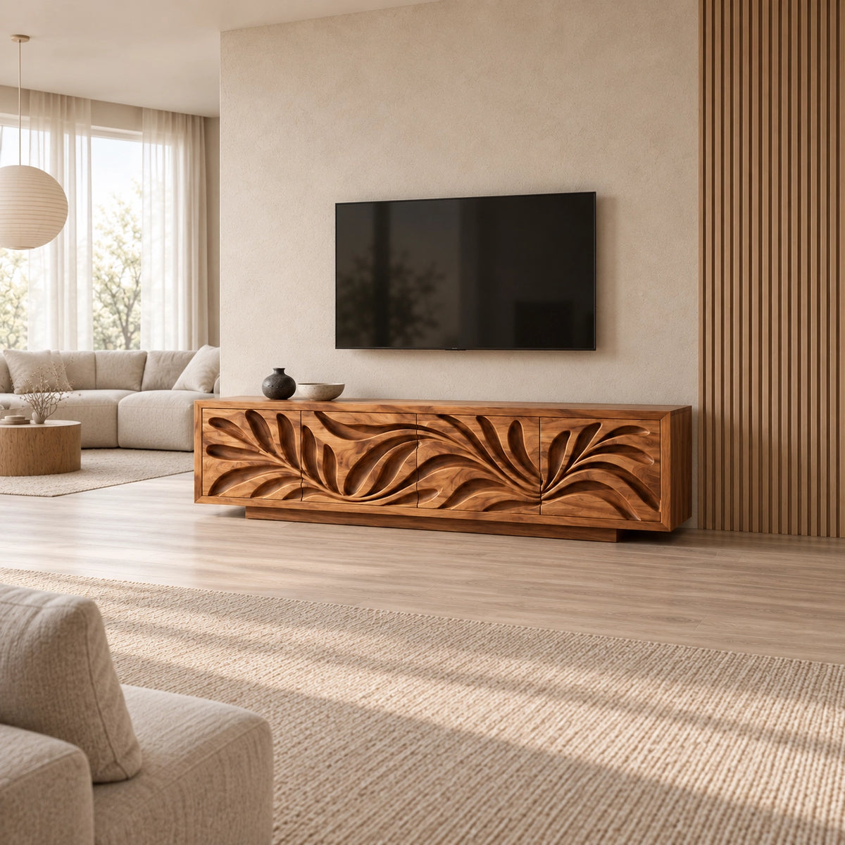 Leaf-Carved TV Stand with Four Storage Doors in Natural Solid Wood - Rustiracraft - 2